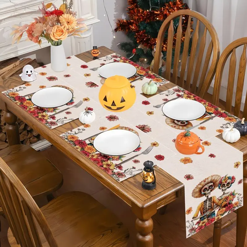 VIKAMA Halloween Skeleton Day Meal Mat Set, Thrilling Theme Table Flag, Aesthetic Festival Party Home Desktop Decoration
