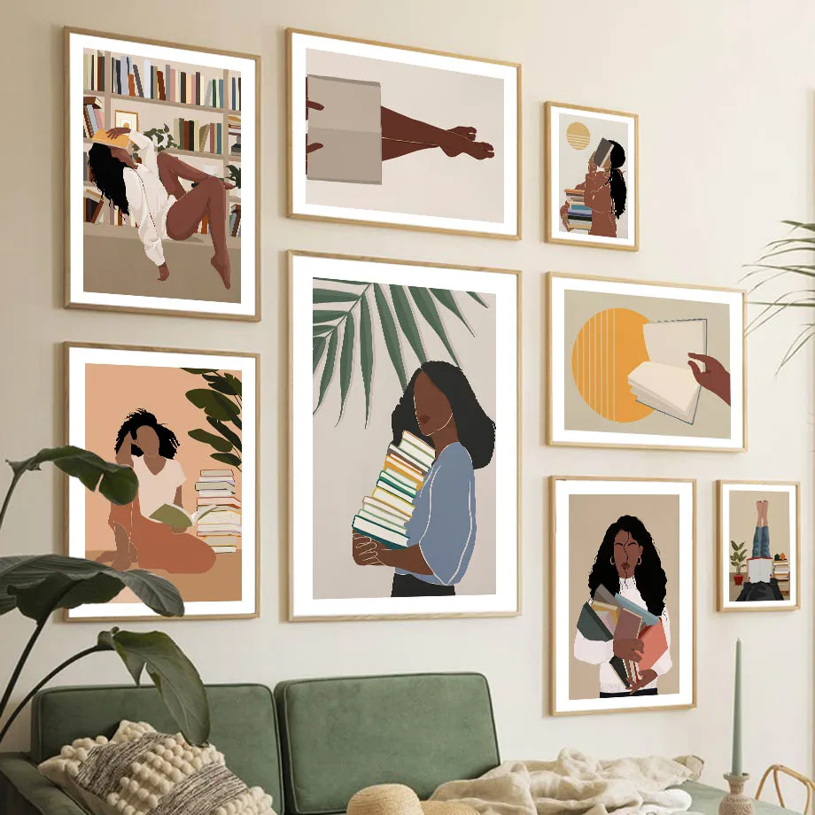 Book Lover Girl Reading Black Woman Boho Wall Art Canvas Painting Bookish Posters And Prints Wall Pictures For Living Room Decor
