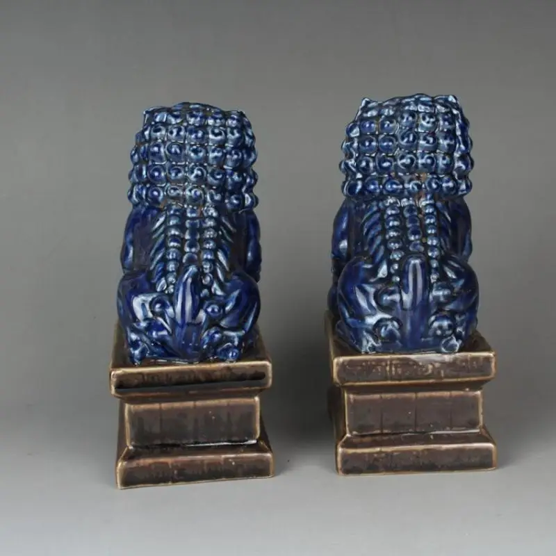 6.2" Collect China Jing De Zhen Blue Glaze Porcelain Duad Lion Figurines Statues view 4