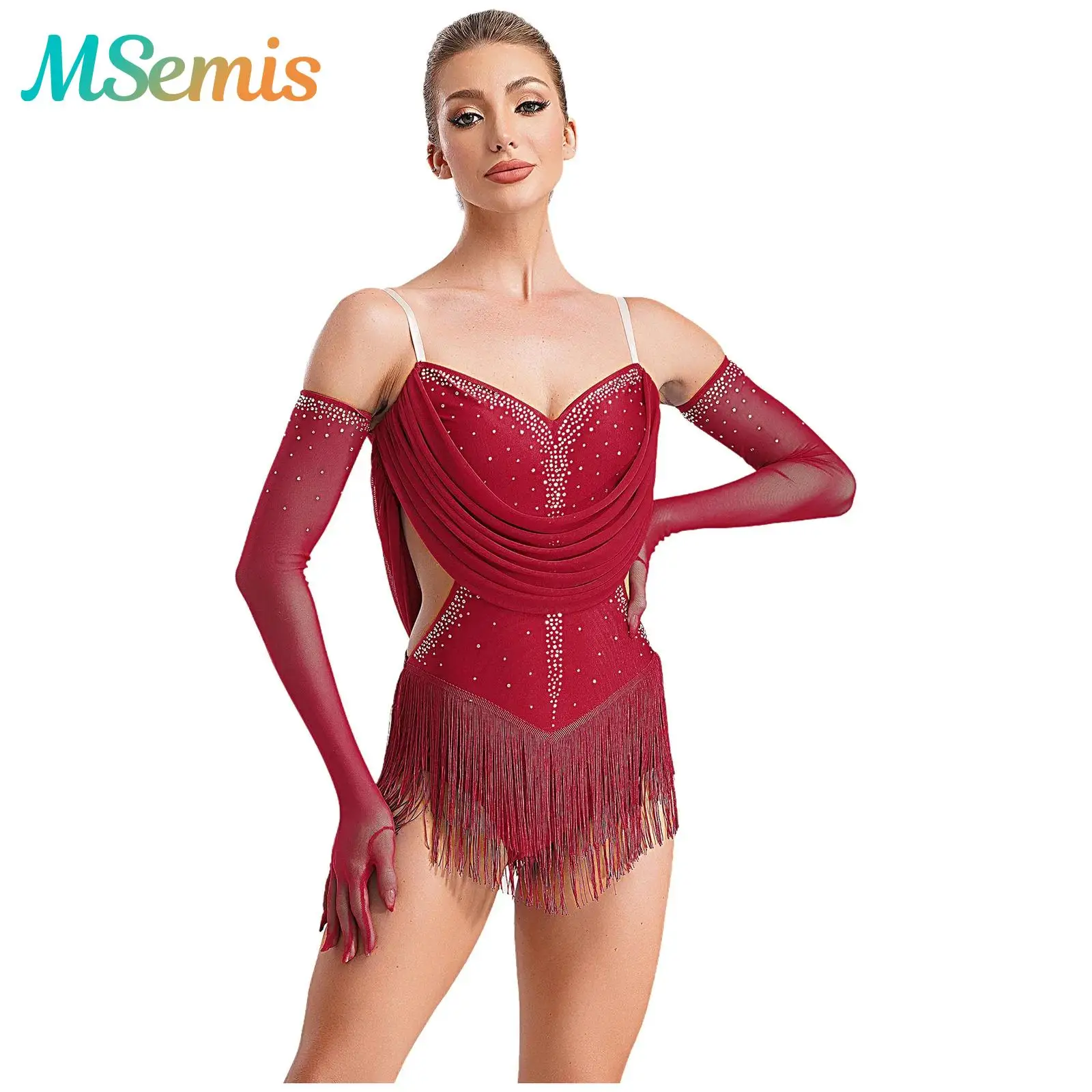 Womens Glittery Rhinestone Gymnastics Figure Skating Costume Tassel Latin Tango Dancewear Fringed Leotard Bodysuit with Gloves