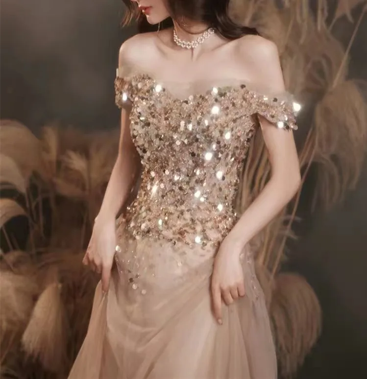 

Luxury Champagne Gold Evening Dresses A-Line Off The Shoulder Beading Sequins Long Wedding Formal Ceremony Party Prom Gowns 2025