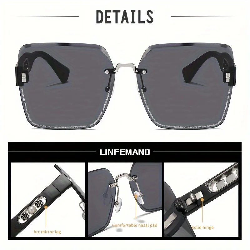 LINFEMAND Rahmenlose Mode-Sonnenbrille mit Farbverlauf, Perlen-Blumendekoration, Kunststoffrahmen mit Etui für Damen, Sommer-Festival-Geschenk – Detail 2