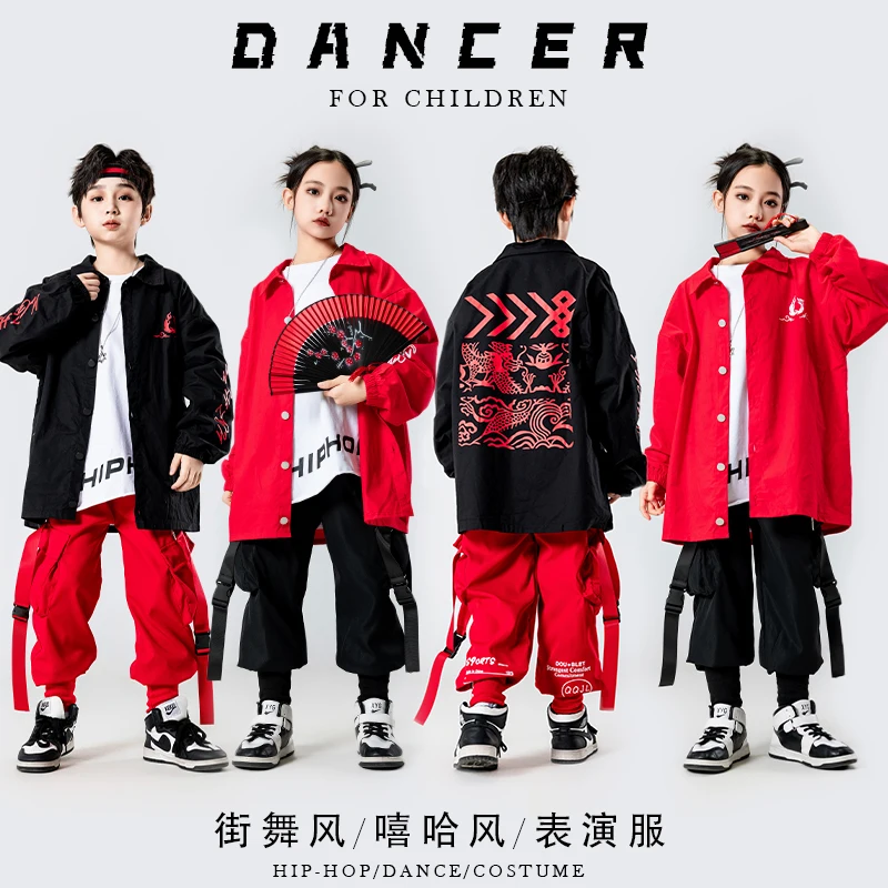 Kids Hip Hop Street Clothing Red Oversized Shirt Casual Jogger Cargo Pants for Girl Boy Streetwear Dance Costume Jazz Clothes