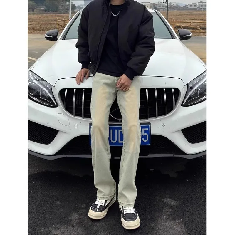 

Retro Yellow Mud Cleanfit Cowboy Jeans Men's American High Street Vibe Slimming Straight Leg Jeans Youth Trend Cotton Polyester