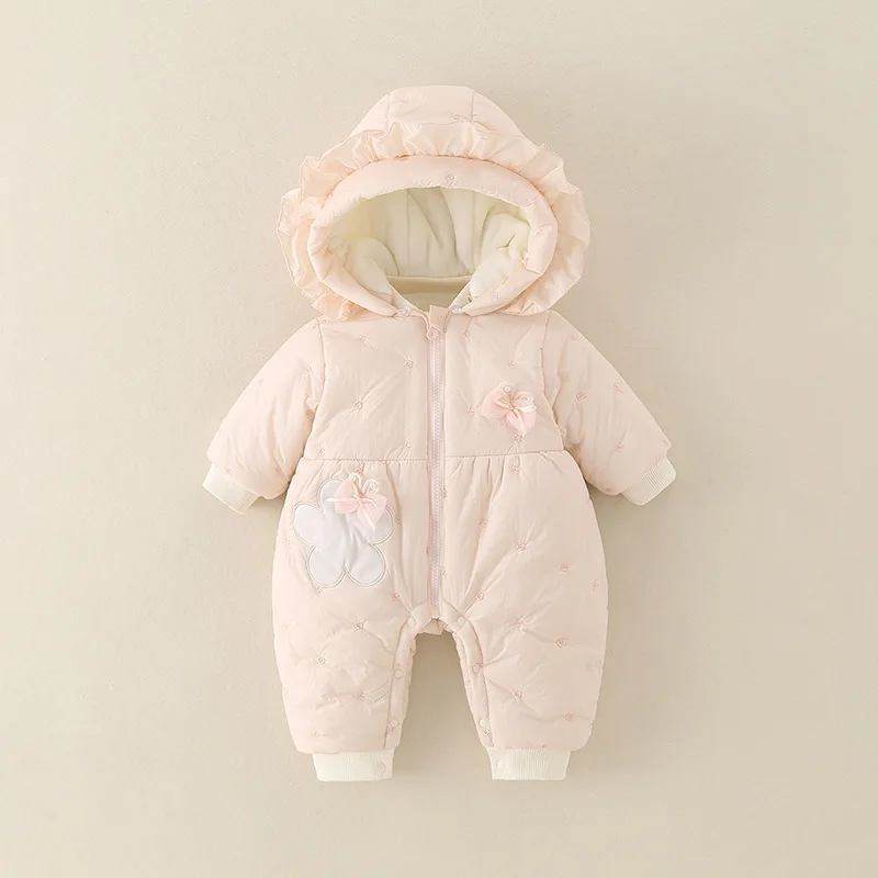 

Новые зимние комбинезоны для новорожденных девочек с капюшоном, утепленные комбинезоны для маленьких девочек, детские боди с цветочной вышивкой для маленьких девочек, верхняя одежда