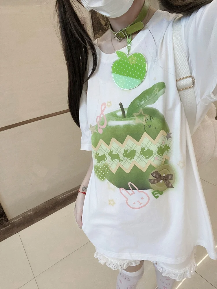 2026 New Loose Plus-size Cute Girls' Apple Print Pure Cotton Short-sleeve Kids'/adult Fashion Casual Loose and Soft T-shirt Top