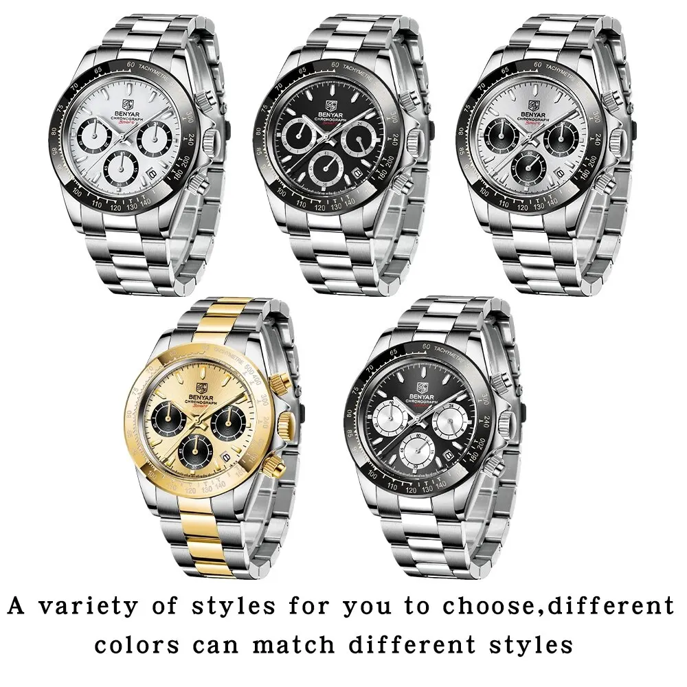 2024 BENYAR New Watches Men Luxury Brand Chronograph Male Sport Watches Waterproof Stainless Steel Quartz Watch Relojes Hombre