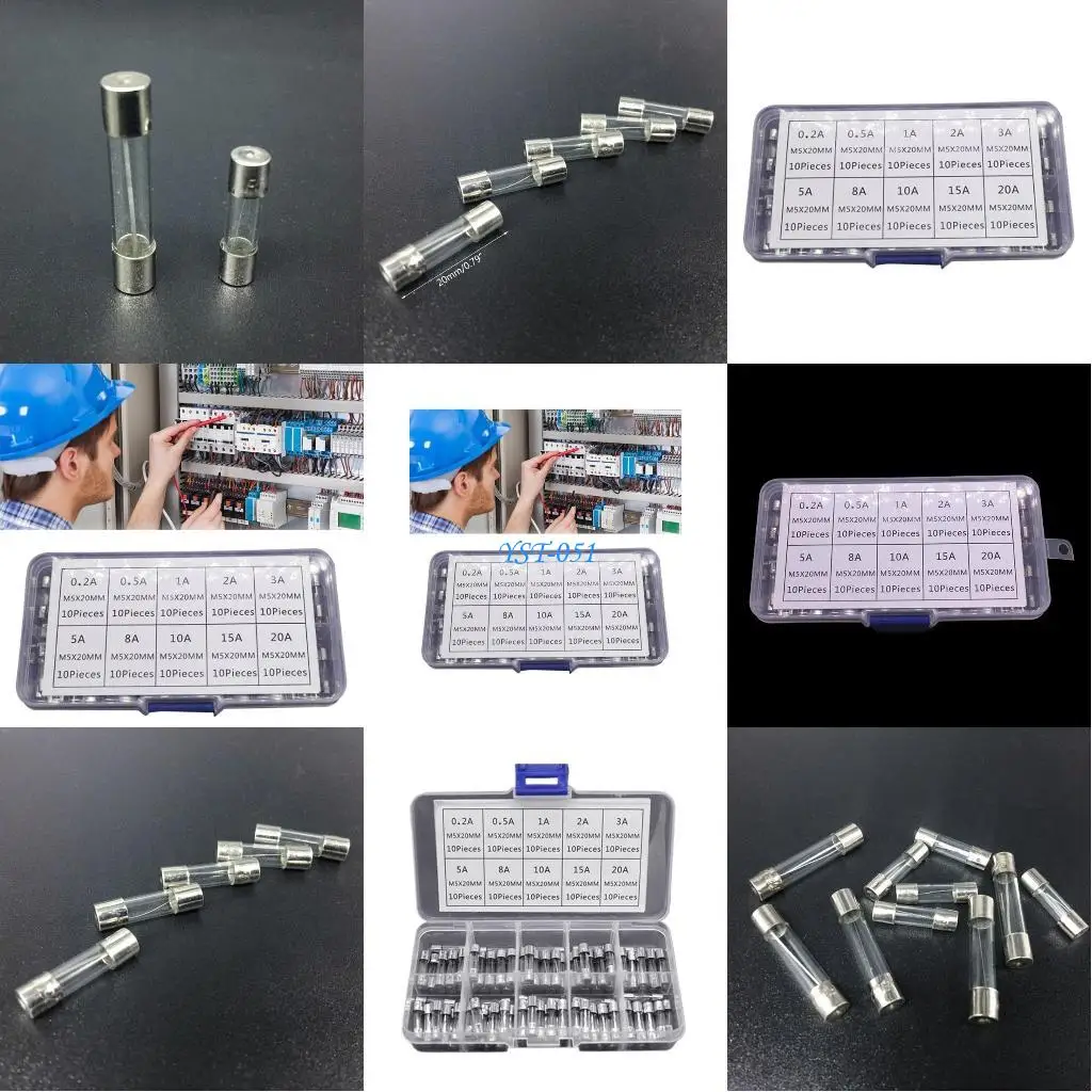 

E15A Pack of 100 Glass Fuses 5x20mm Glass Tube Fuses 10 Size for Home Electronics