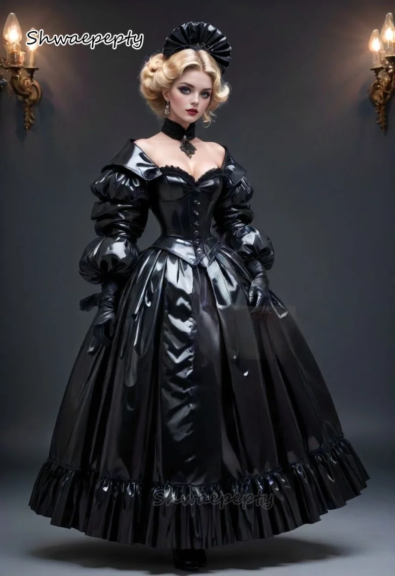 

Готическое черное платье для выпускного вечера с блестящими складками, бальное платье со складками до щиколотки, пышное платье с длинными рукавами, ретро косплей, маскарадный костюм по индивидуальному заказу
