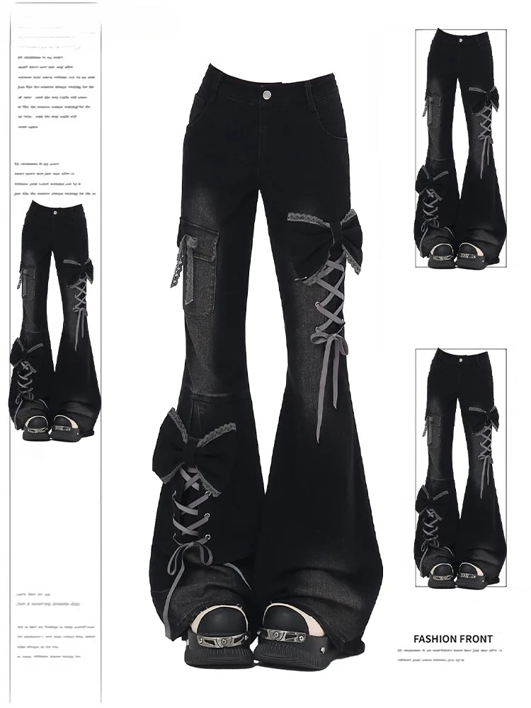 Retro Bow Lace Up Design Jeans Women's  Low Rise Slim Fit Bell Bottom 2000s Harajuku Y2k Spicy Girl Casual Flare Pants