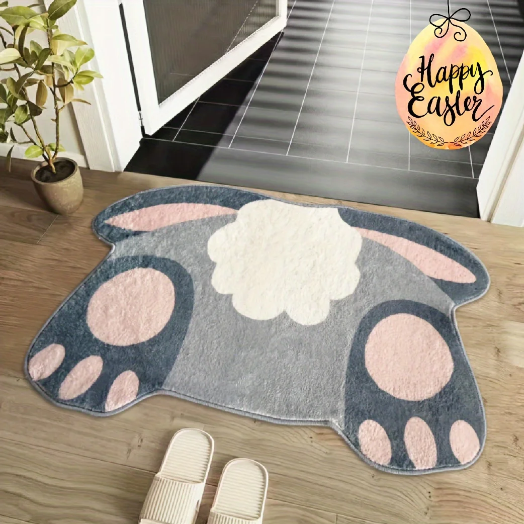 Decorative Design | Easter Bunny Tail Anti Slip Bathroom Carpet - Soft, Absorbent Polyester Rabbit Shaped Mat With Paw Print