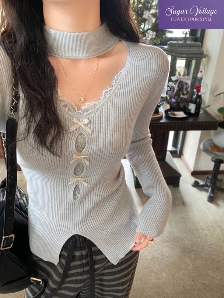 

French Vintage Elegant Halter Top Women Slim Hollow Out V Neck Lace Knit Base Shirt Korean Autumn Chic Fashion Popular Clothes