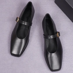 Withered Women's Shoes Commuting Leather Shallow Cut Flat Shoes Mary Jane Shoes Casual Square Toe Ballet Shoes