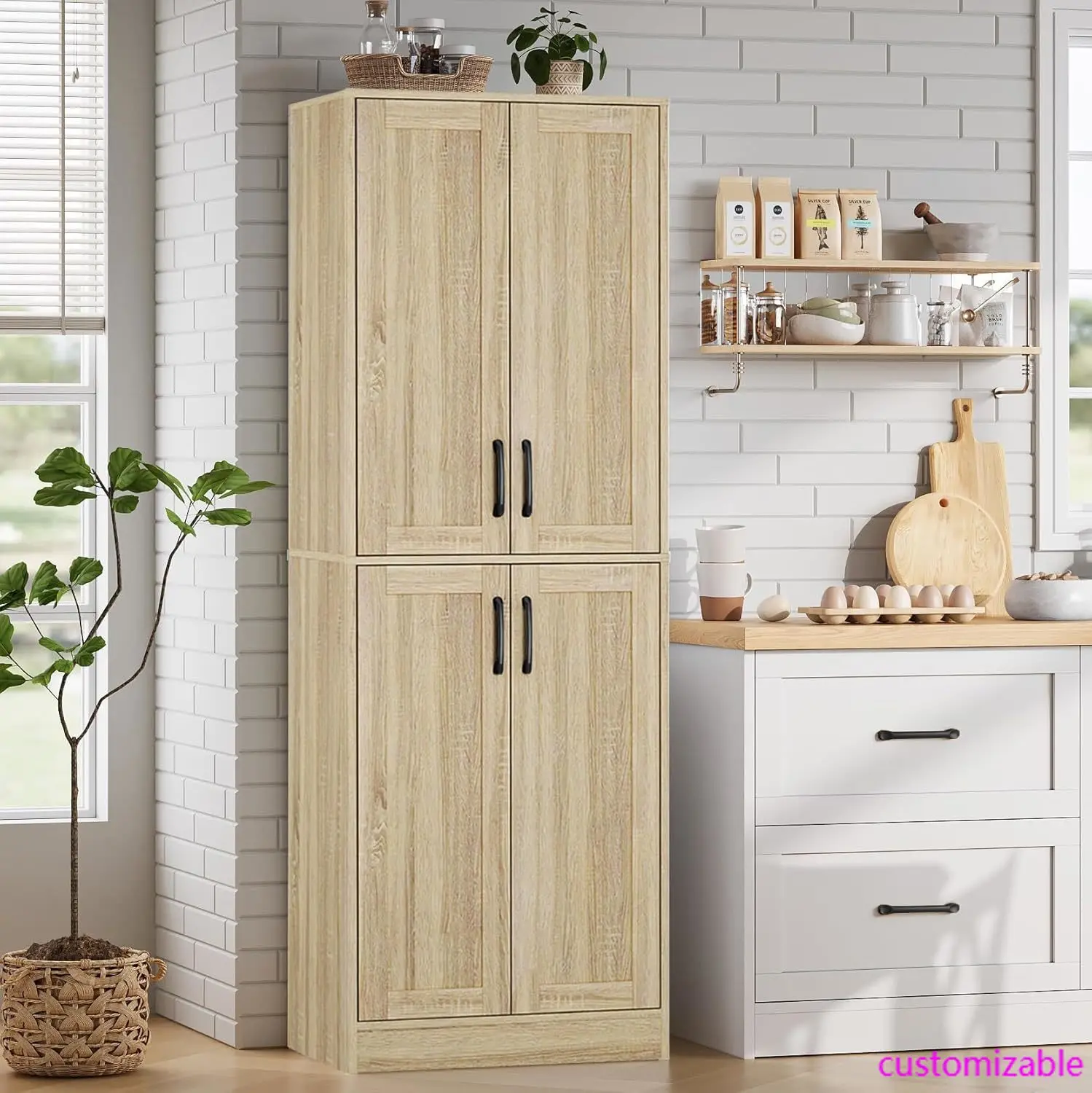 Pantry - Kitchen Pantry Cabinet with 4 Doors and Adjustable Shelves, Tall Black Cabinet Freestanding Storage Cupboard