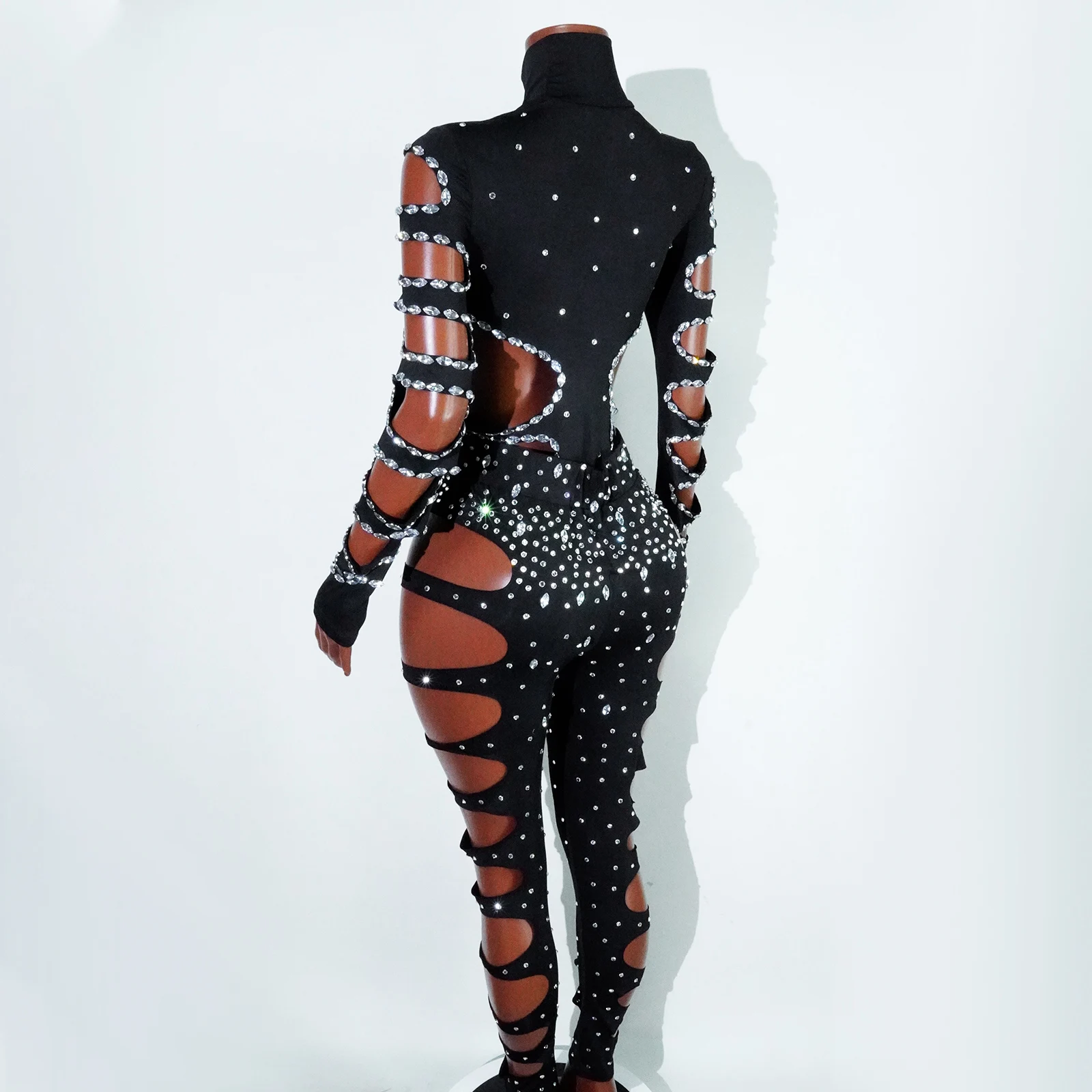 Seksowny Top i Spodnie Brokatowe Cyrkonie Czarny Ażurowy Strój Sceniczny Kostium Gogo Dance Drag Queen Klub Nocny Dj Festiwal Występ