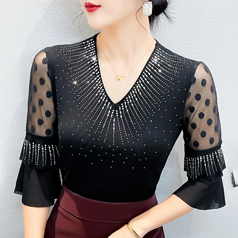 Spring Summer Women's T-Shirt Fashion Sexy V-Neck Three-Quarter Sleeve Hot Diamond Mesh Tops Solid Color Hollow Out Blusas