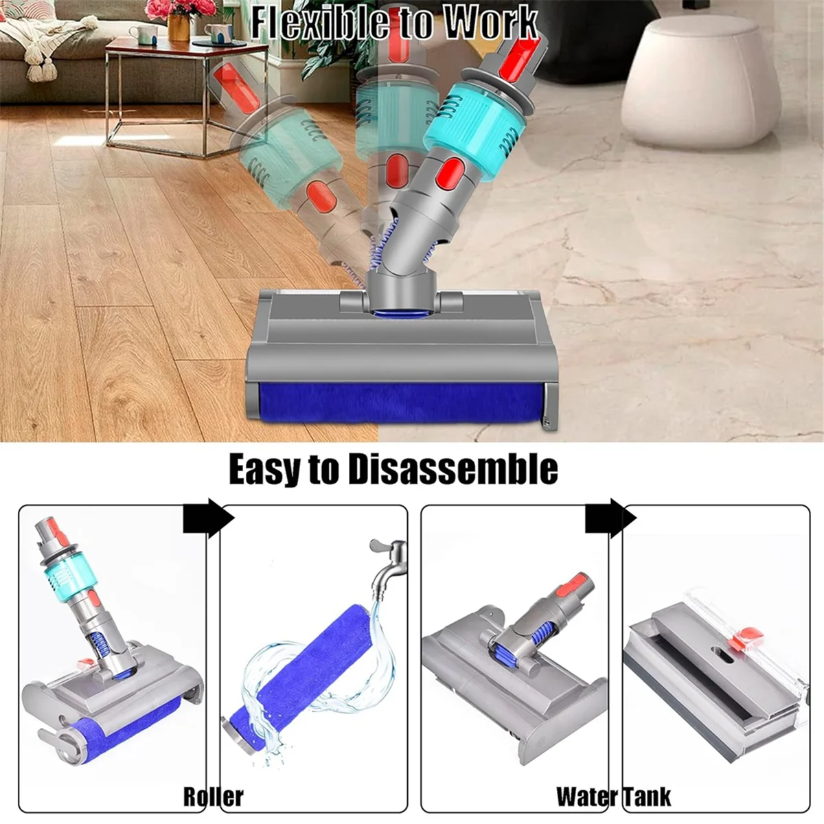 Wasborstel voor Dyson V7 V8 V10 V11 V15 Elektrische dweilkop Nat en droog met groen licht reinigt en droog harde vloeren