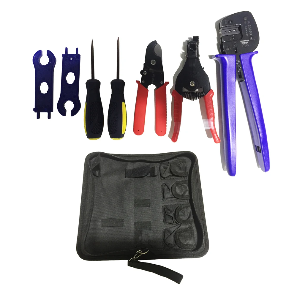 MC 4 Solar PV Hand Tool Set Kit Bag Hardware Tool Crimping Plier Wire Cutting Cable Stripper Spanner Screwdriver for Solar Cable