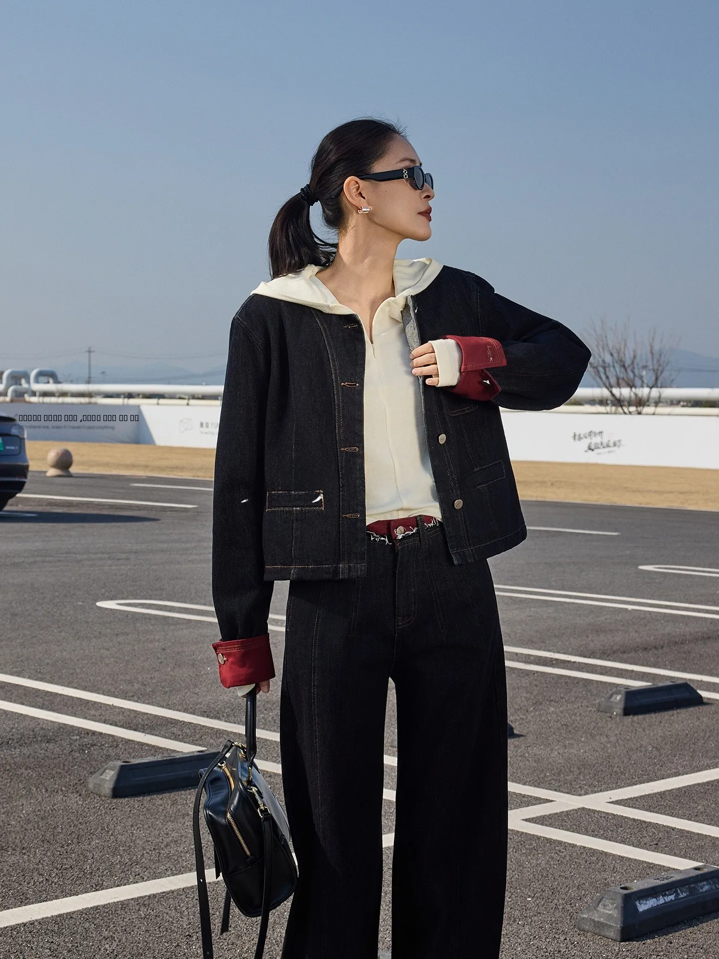 

Jieji Zhang Spring ort Casual Waed Denim Jaet Vintage Contrast Color Sve Button ket Cotton Slimming Women's Coat