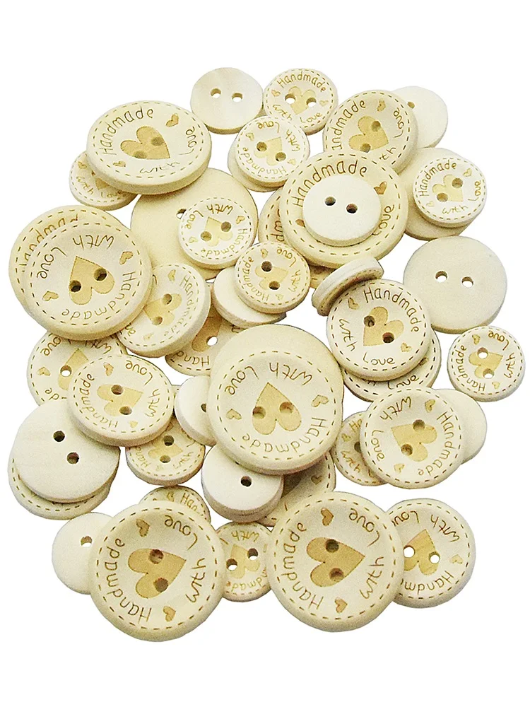 Handmade Round Laser Wood Button Natural Color Sewing Accessories Love Heart Clothes Suit Decor Wooden Buttons 2 Holes 15mm-30mm