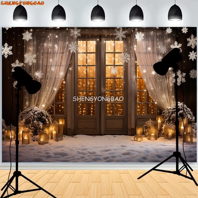 

Gift Boxes Christmas Tree Photography Backdrops Winter Snow Decorations Wooden Door Fireplace Room Background Props WR-12