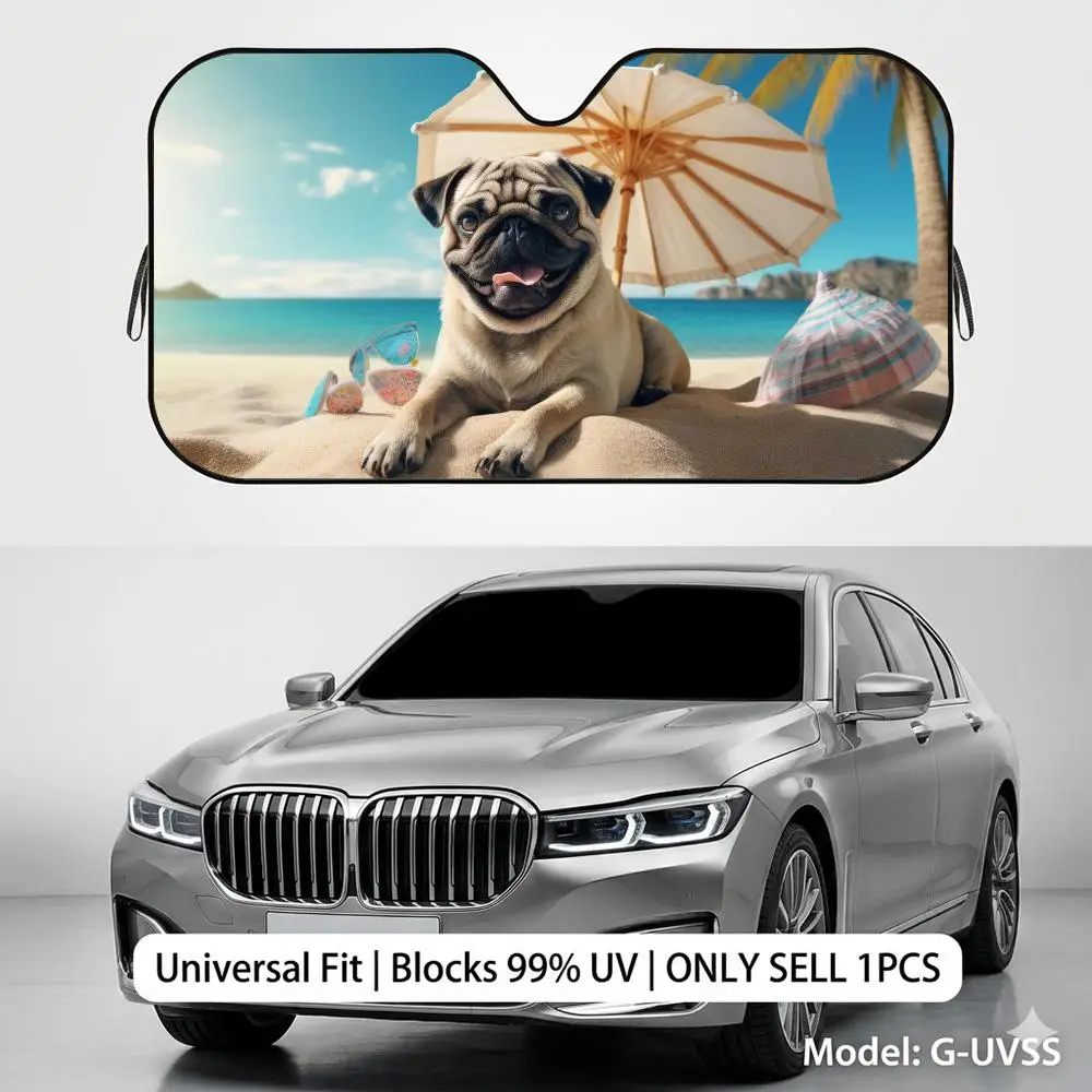 

Dog Exploring Tropical Beach Sun Visor Reusable Aluminum Foil Car Windshield Sun Visor UV Protector Heat Insulation Cover Shade