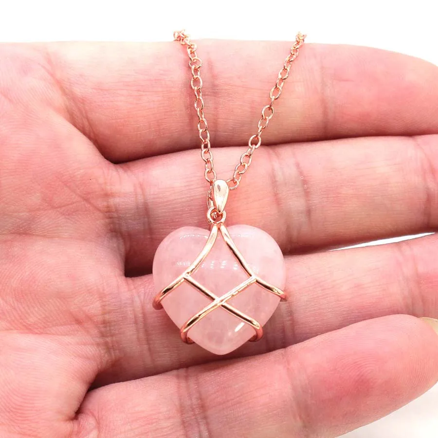 Natural Rose Quartz Crystal Heart Shape Stone Pendant Necklace For Women Exquisite Opalite Opal Pendants Lovey Girls Jewellery