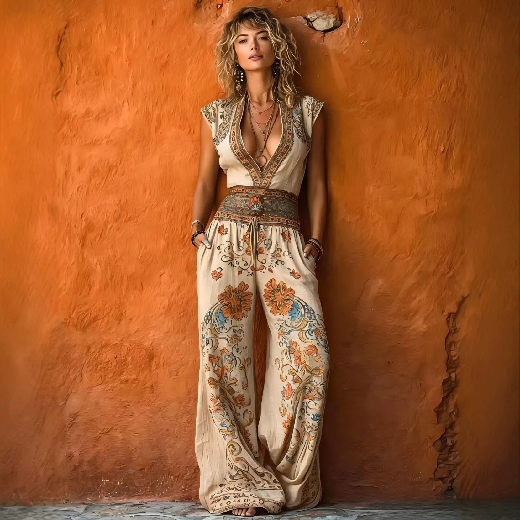 Printed Wide Leg Pants with Deep Neckline Light Stretch Full Length Mid Waist European and American Style Women Jumpsuit