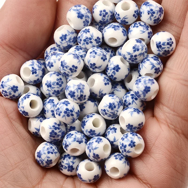 8mm/0mm Blue Chinese Flower Patterns Round Ceramic Porcelain Loose Spacer Beads Lot for DIY Crafts Bracelet Jewelry Making