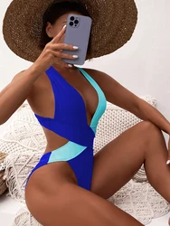 One Piece Swimsuit 2023 New Sexy Color Patchwork Monokini Deep V Backless Bandage Swimwear Women Bath Suit Summer Beach Bodysuit