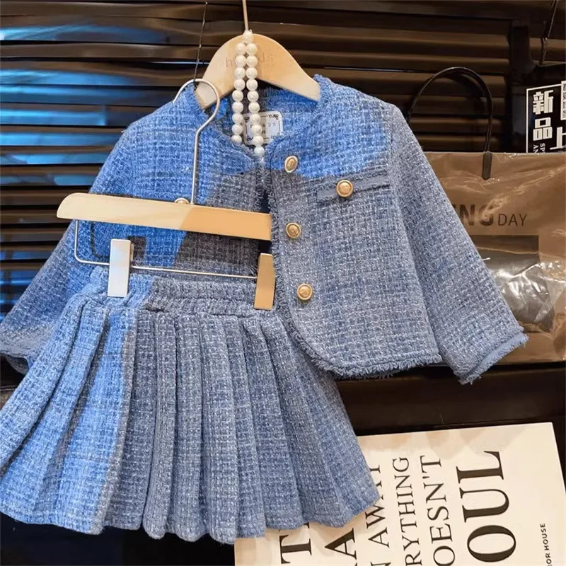 Fashion Blue Jacket+Pleated Skirt 2PCS Dress Set Spring/Autumn French Fringe Top and Bottom Set Daily 2-8Y Toddler Coat JK Set