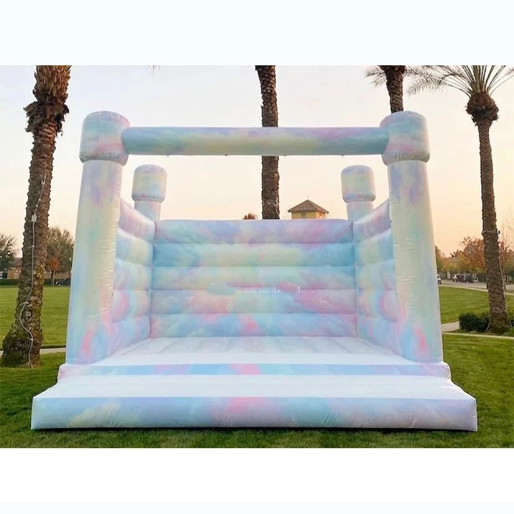 

Commerical PVC 10/13ft Commercial white bounce house for party rentals Tie-dye colors inflatable bouncy castle with air blower