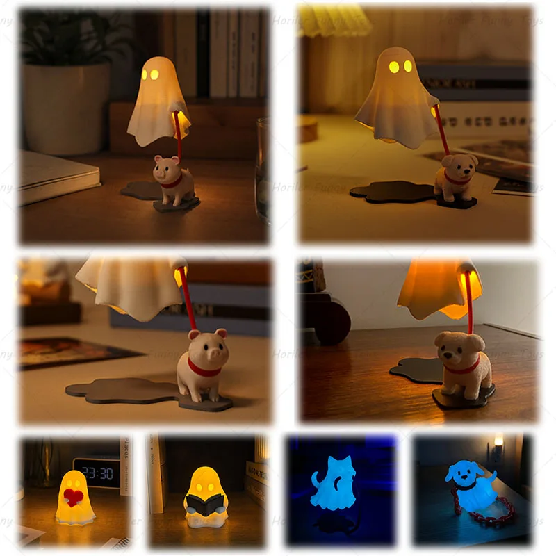 3D Printed Ghost Figures Ghost with Dog/Pig Reading Book Ghost Cute Ghost Campfire Halloween Party Desktop Ornaments