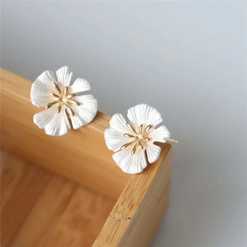 Copper Plated Real Gold Korean Version Silver Painted Flower 925 Silver Needle Stud Earrings DIY Handmade Charm Accessories