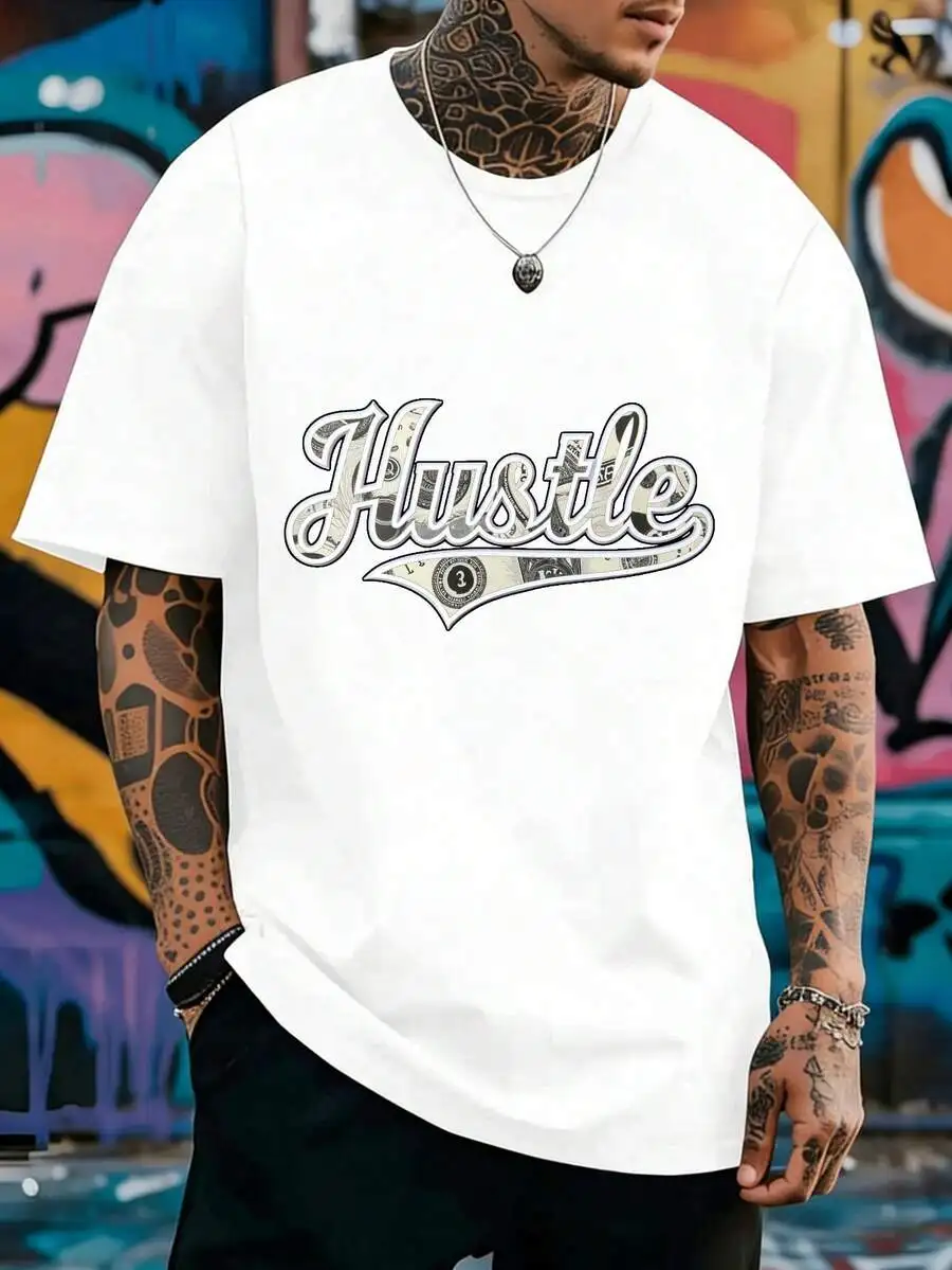 

Mens Summer Casual Crew Neck T-Shirt With Hustle Graphic Print Polyester Knit