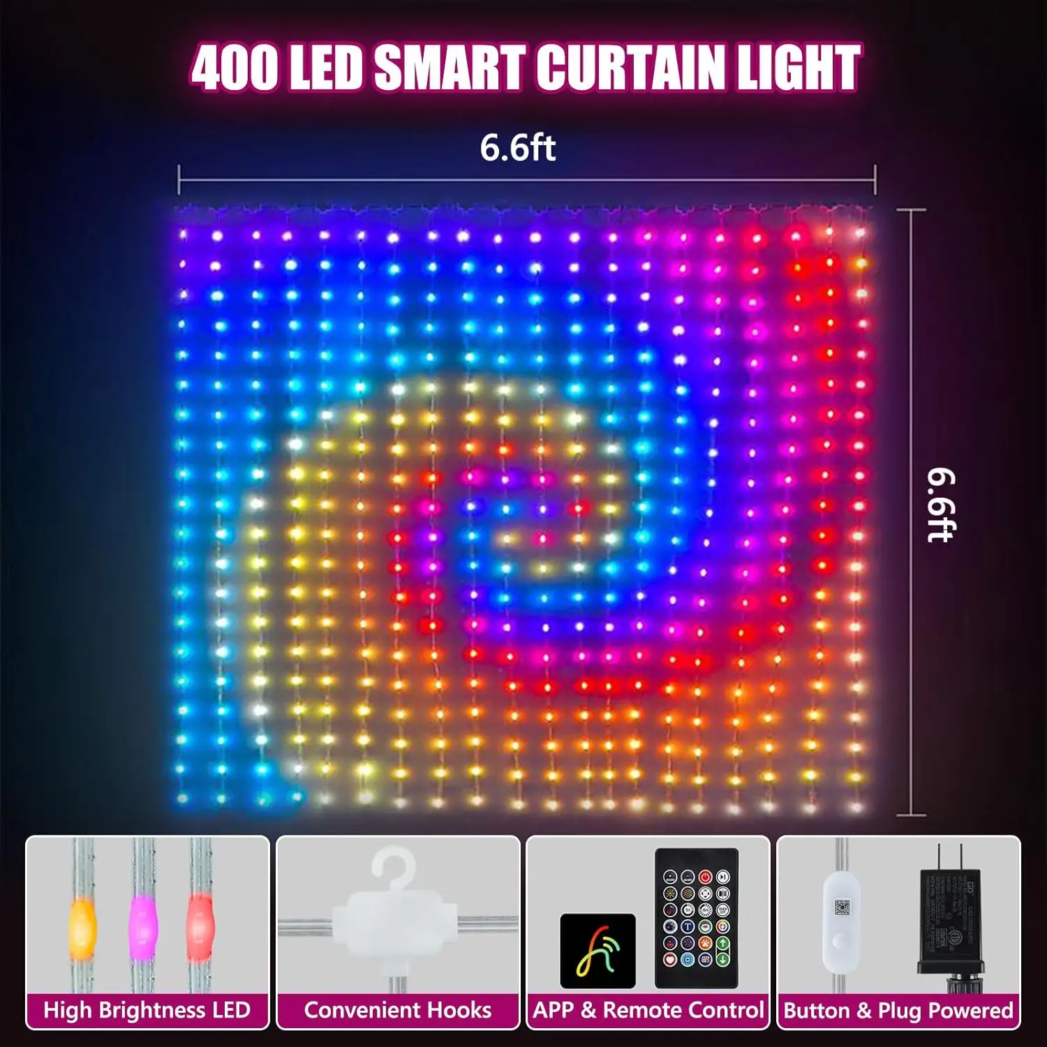 400LEDs Smart Curtain Lights Bluetooth App LED String RGB Fairy Lights DIY Music Change Display for Window Bedroom Decoration