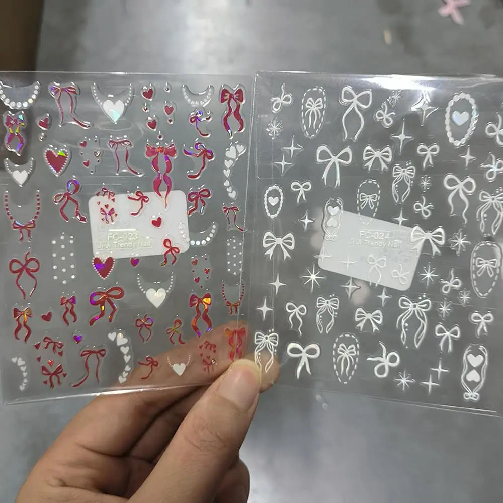 2개 세트 오로라 레드 화이트 하트 네일 아트 스티커 반짝이는 리본 사랑 프렌치 목걸이 네일 데칼 달콤한 여성 소녀 매니큐어 슬라이더