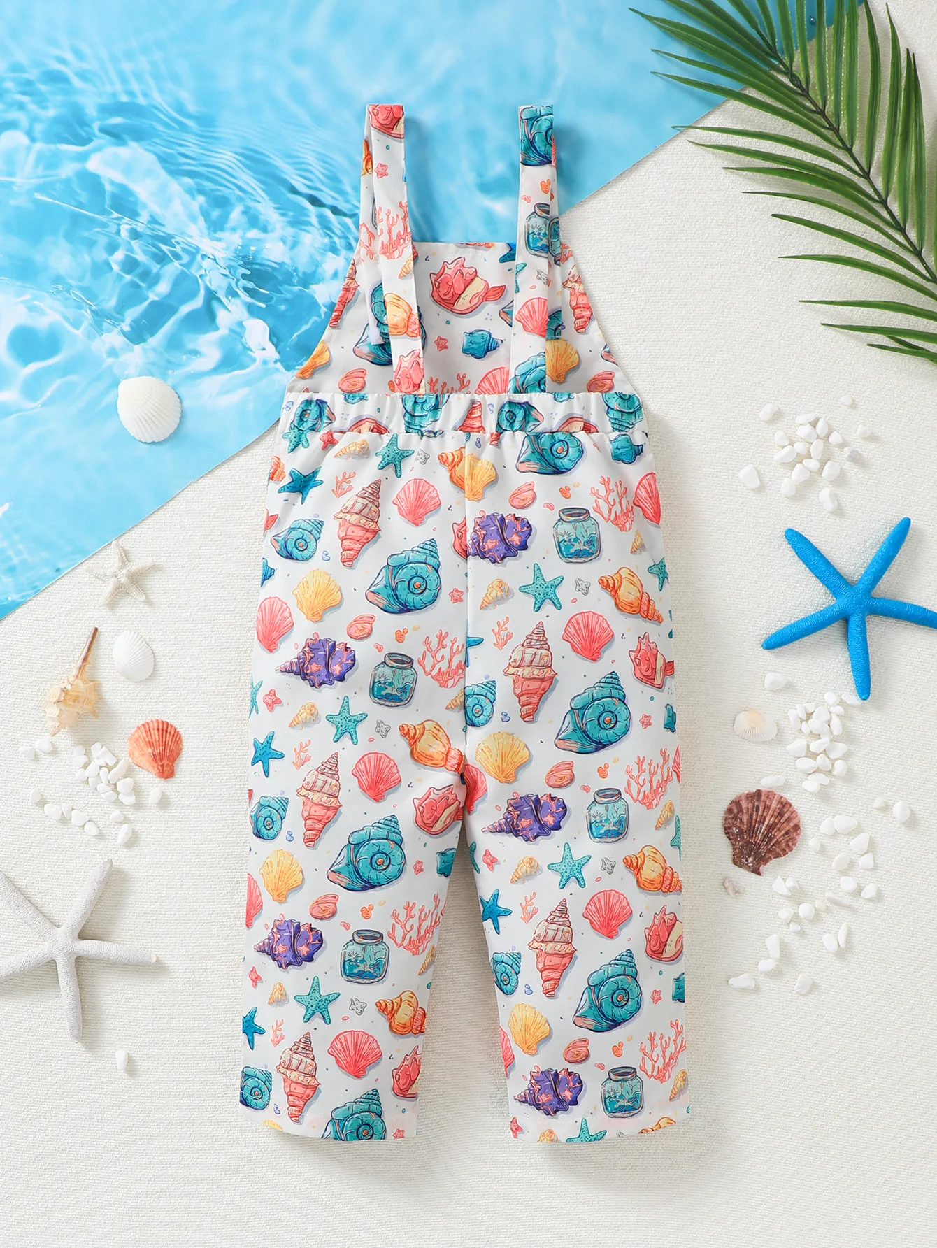 Girls Shell Full Print Bib Overalls Summer Fashion Versatile Beach Vacation Style Children's Clothing Baby Girl Outfit