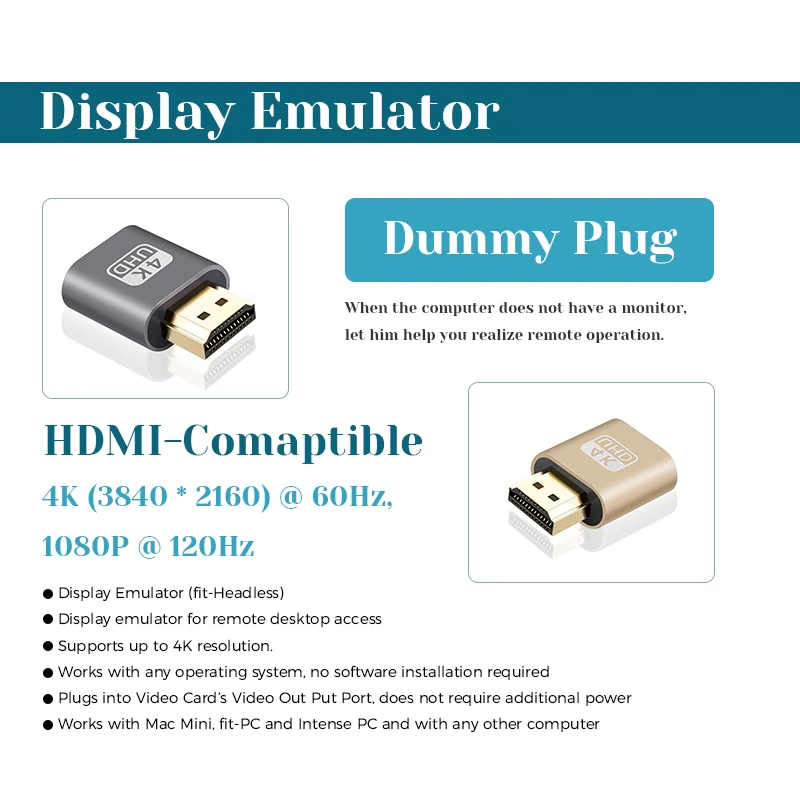 Enchufe Dummy Compatible con HDMI 4K para tarjeta de vídeo gráfica DDC, adaptador Virtual Edid, adaptador emulador de pantalla fantasma sin cabeza