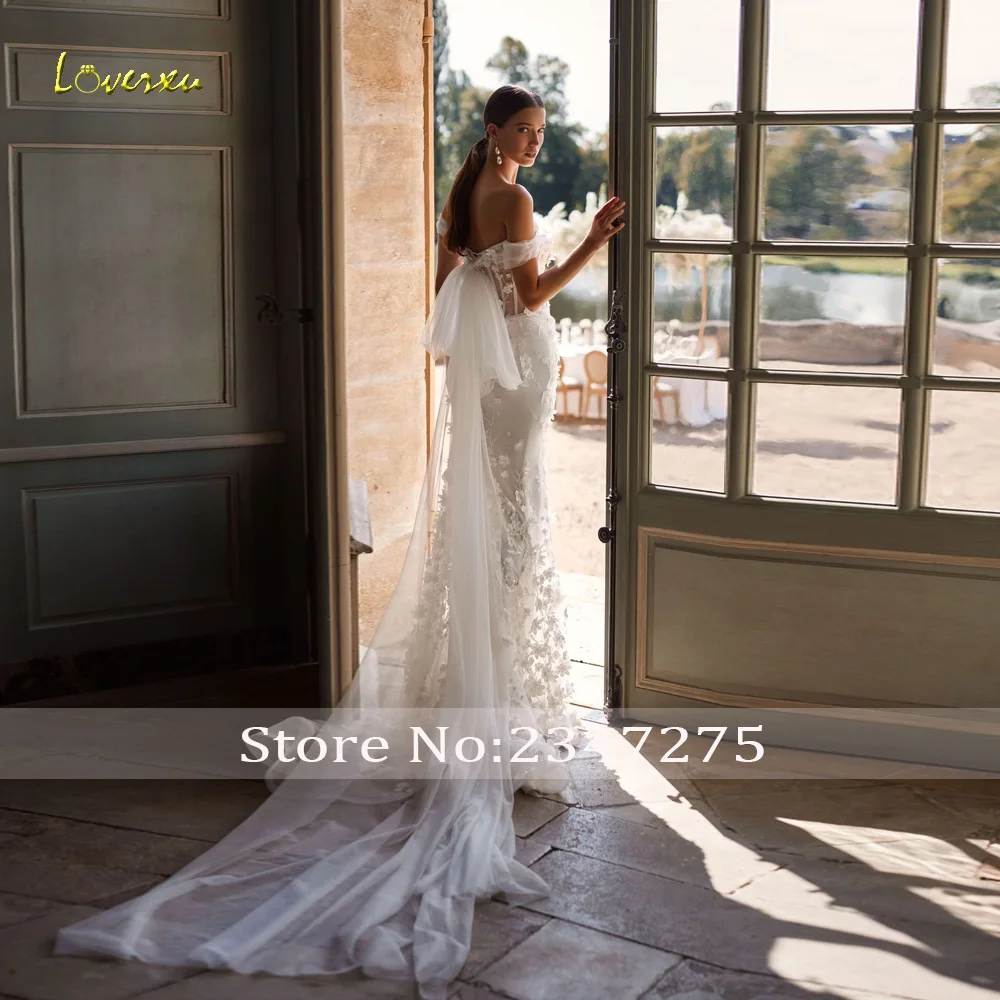 Loverxu Abiti da sposa a sirena Scollo a barca con spalle scoperte Fiocco Vestido De Novia Ricamo Fiori 3D Abito da sposa su misura