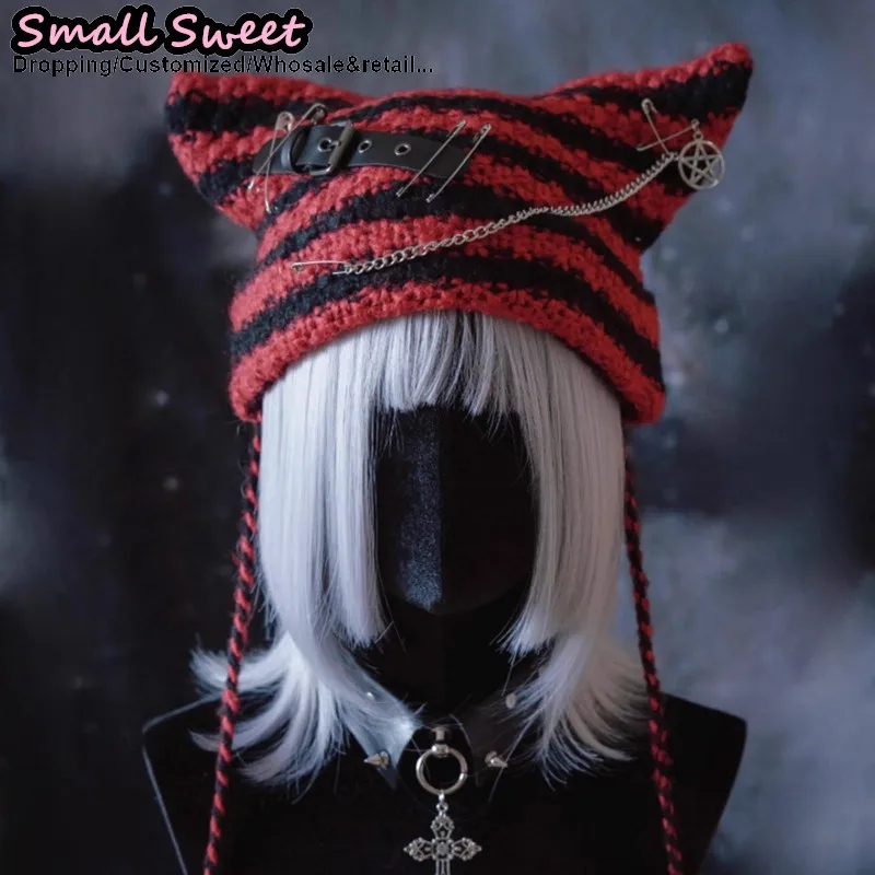 Gothic Lolita Y2K Women Subculture Fluffy Keep Warm Black Red Beanie Hat Cap Autumn Winter Hip-hop Cute Pointed Pullover Hats