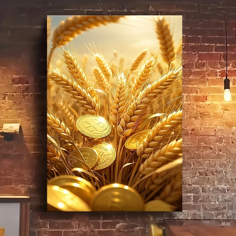2D Flat, 1pc 1pcs Wheat & Coins Abundance Wall Art - Wealth & Prosperity Suitable for Living Canvas Painting