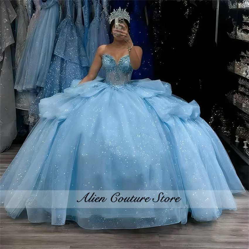 Princess Sky Blue Quinceanera Dresses Gown 2026 Bow Bead Crystals Tiered 15th Birthday Party Sweet 16 Ball Gown Customized