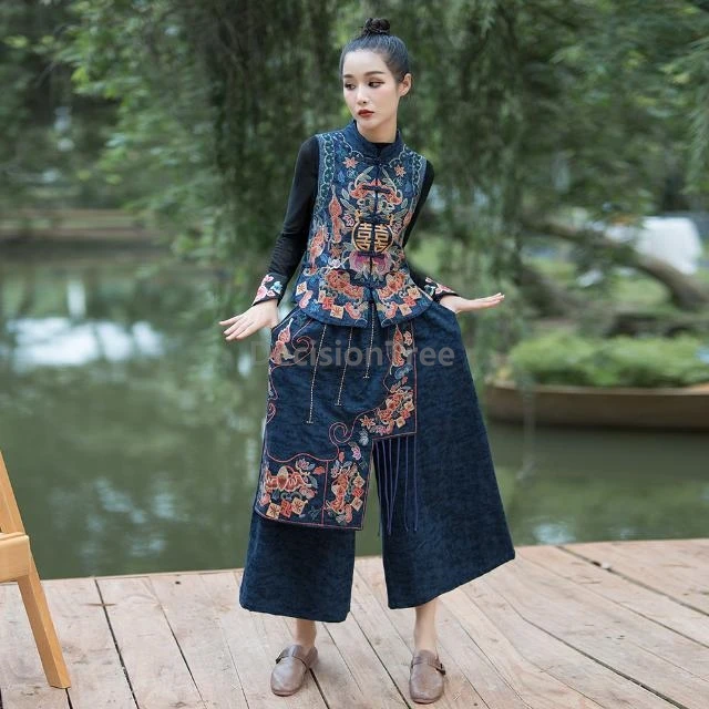 سراويل صينية واسعة الساق على الطراز العرقي لعام 2025 سراويل يوننان النسائية اليومية المطرزة بتصميم عصري أنيق سراويل مستقيمة ترفيهية #4