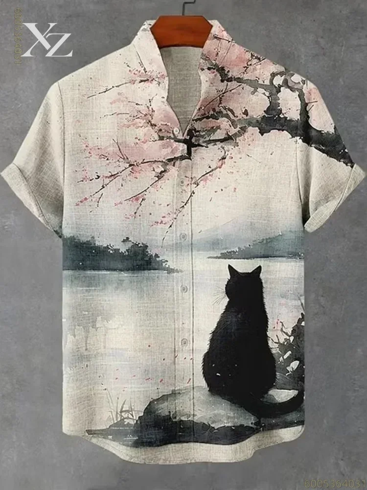 Men's Hawaiian short-sleeved shirt with black cat and cherry blossom print, versatile top for beach vacations and parties