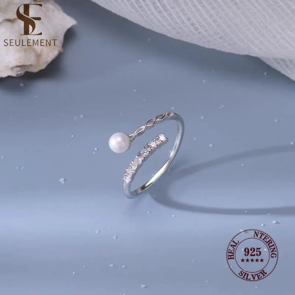

Seulement Adjustable 925 Silver Pearl Ring for Women-Twist Band with Zircon Elegant Open Design Fashion Jewelry Gift