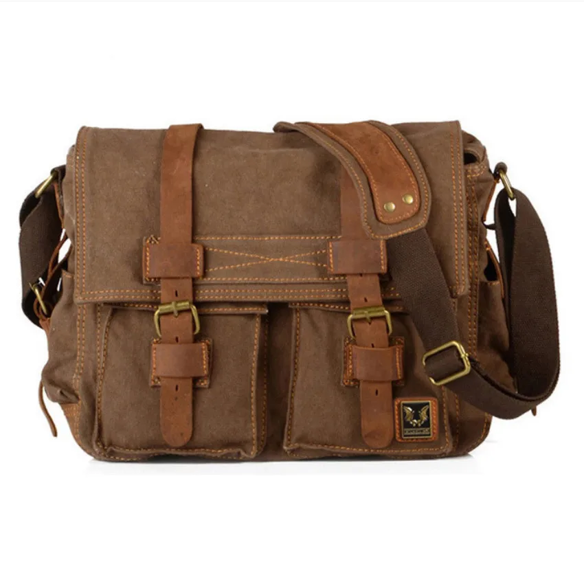 

MUCHUAN Fashion Vintage Leather Canvas Men's Messenger Bag Cotton Multi-Pocket Crossbody Bag Men Shoulder Casual Travel Handbag