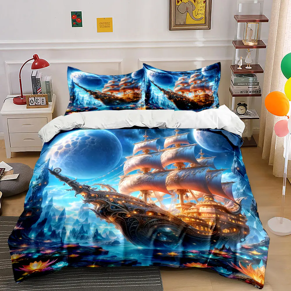 Fantasy Ship Canvas Decor Set Bedding Set with 1 Duvet Cover 2 Pillowcases Single Double King Queen, Gift