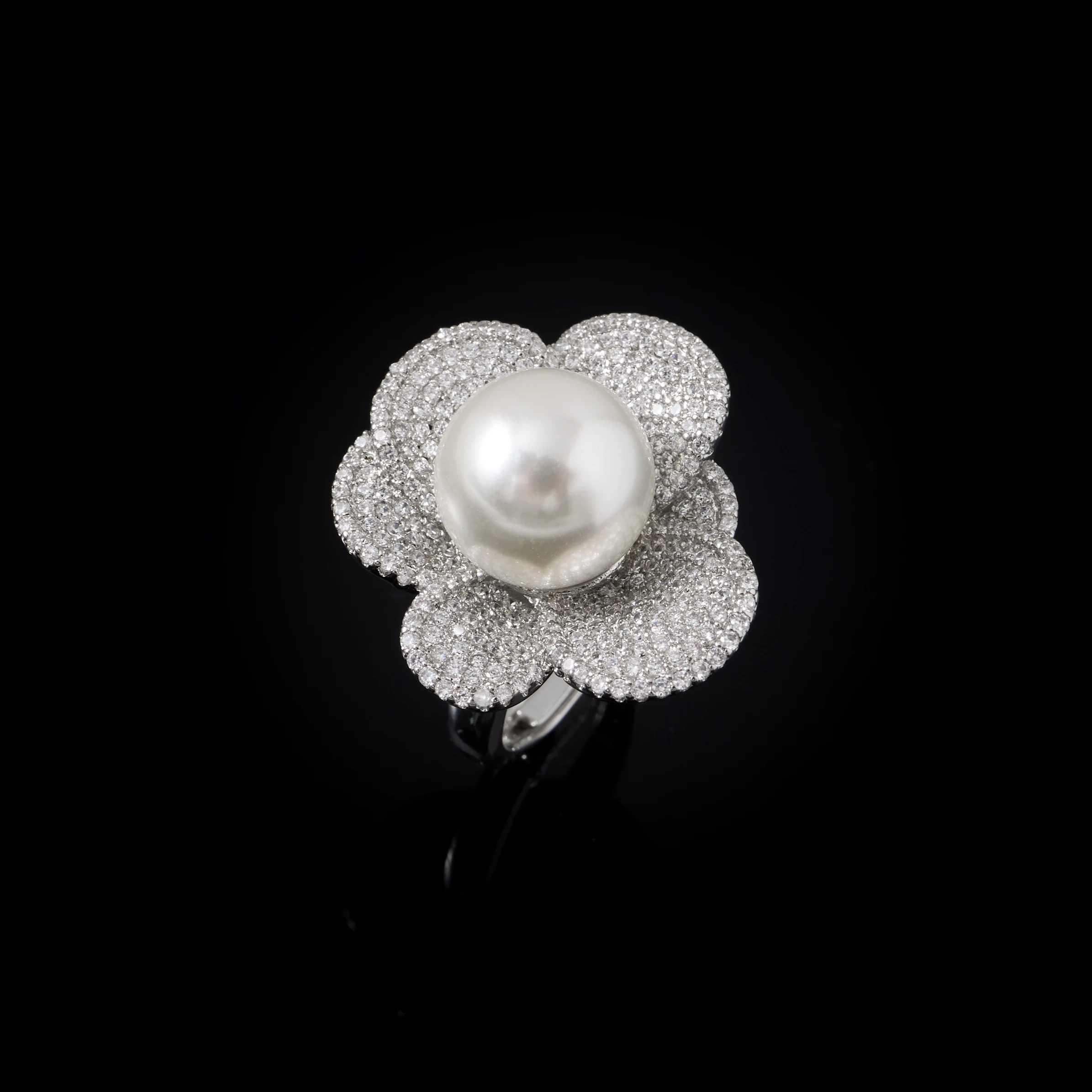 020006R Big Flower Imitation Pearl Resizable Ring For Women CZ Pave Statement Open Ring Arabic Islamic Middle East Fashion Jewel