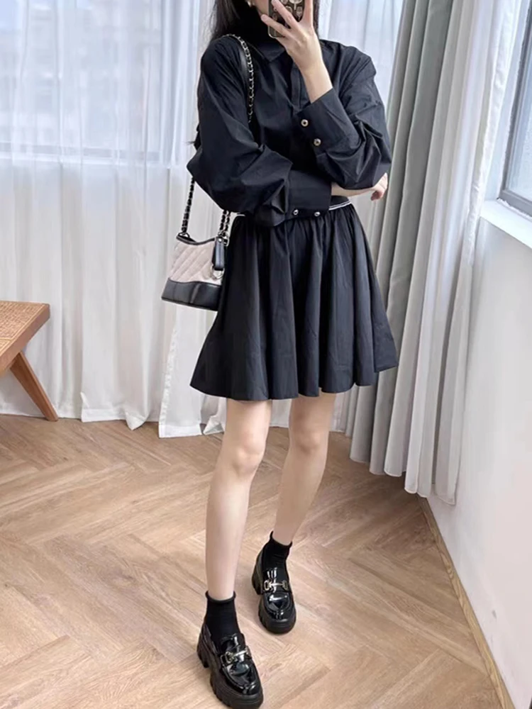 

Early Autumn New Fashion Temperament Contrast Color Waistband Shirt Dress Women Elegant Black Long Sleeve Mini Robe Ladies 2024